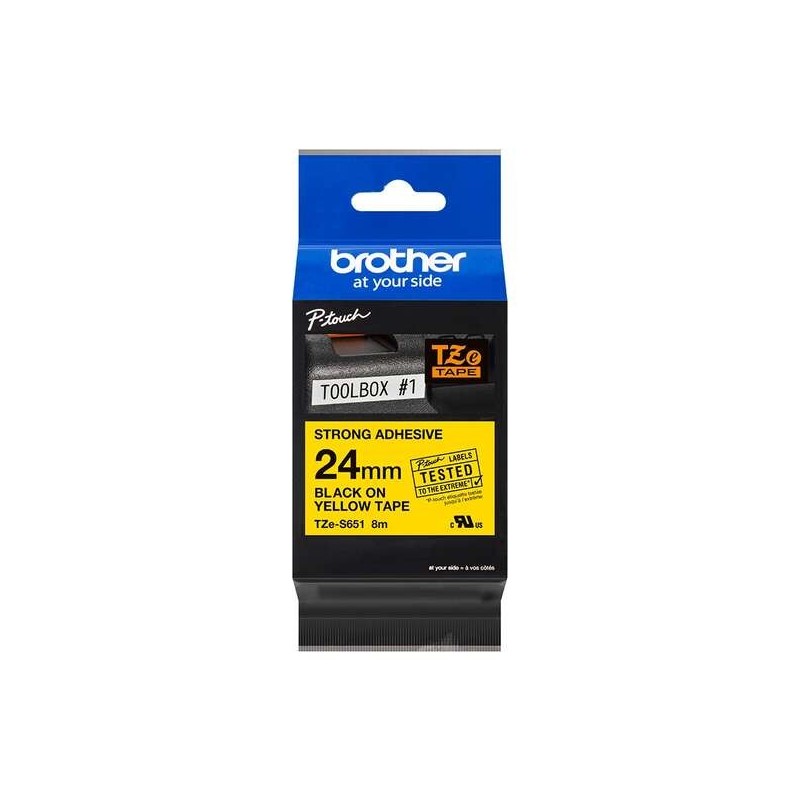 Brother TZeS651 Cinta Laminada Super Adhesiva Original de Etiquetas - Texto negro sobre fondo amarillo - Ancho 24mm x 8 metros