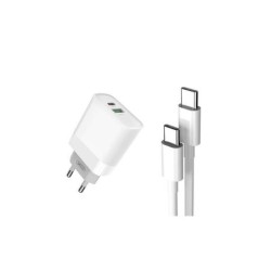 XO L64 Pack Cargador de Corriente 1x USB-A, 1x USB-C 18W Carga Rapida 3.0 + Cable USB-C a USB-C 1m