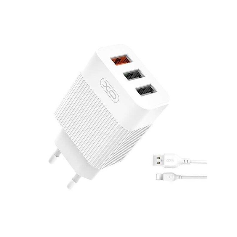 XO L72 Pack Cargador de Corriente 1x USB-A 18W Carga Rapida 3.0, 2x USB-A + Cable USB-A a Lightning