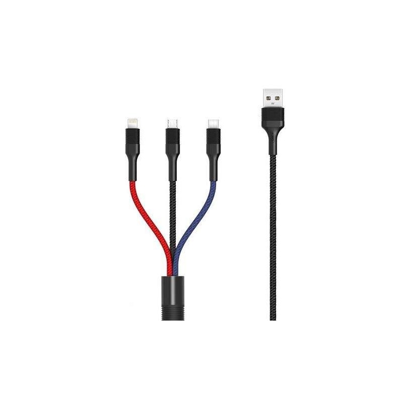 Cavo XO intrecciato da USB-A maschio a USB-C, MicroUSB e Lightning - Ricarica rapida 2A - Lunghezza 1,20 m Cavo XO intrecciato da USB-A maschio a USB-C, MicroUSB e Lightning - Ricarica rapida 2A - Lunghezza 1,20 m