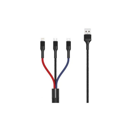 Cavo XO intrecciato da USB-A maschio a USB-C, MicroUSB e Lightning - Ricarica rapida 2A - Lunghezza 1,20 m